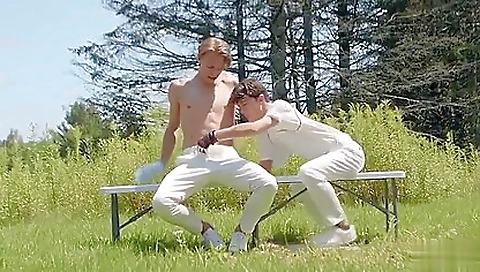 Two guys have outdoor sex while the other is playing cricket
